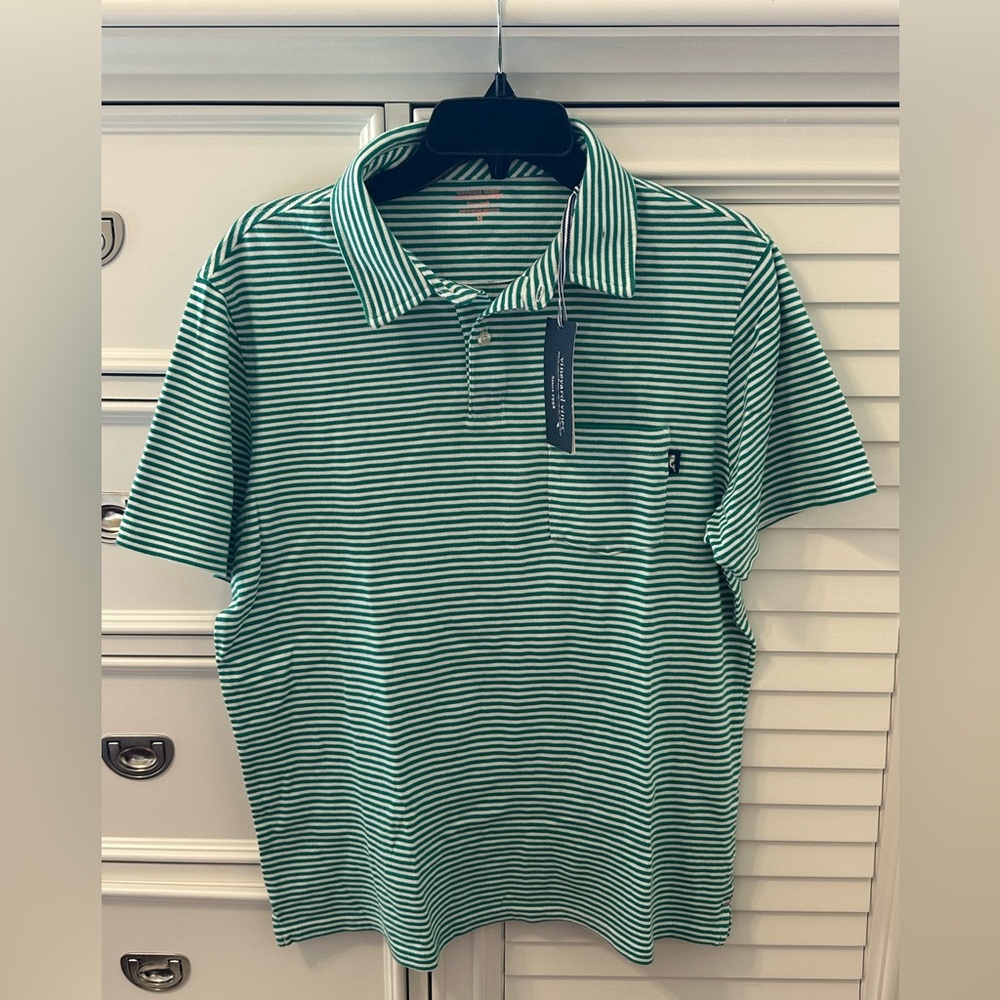 Vineyard Vines Men’s Green and White Surfside Pique Striped Polo Shirt Sz. M NWT